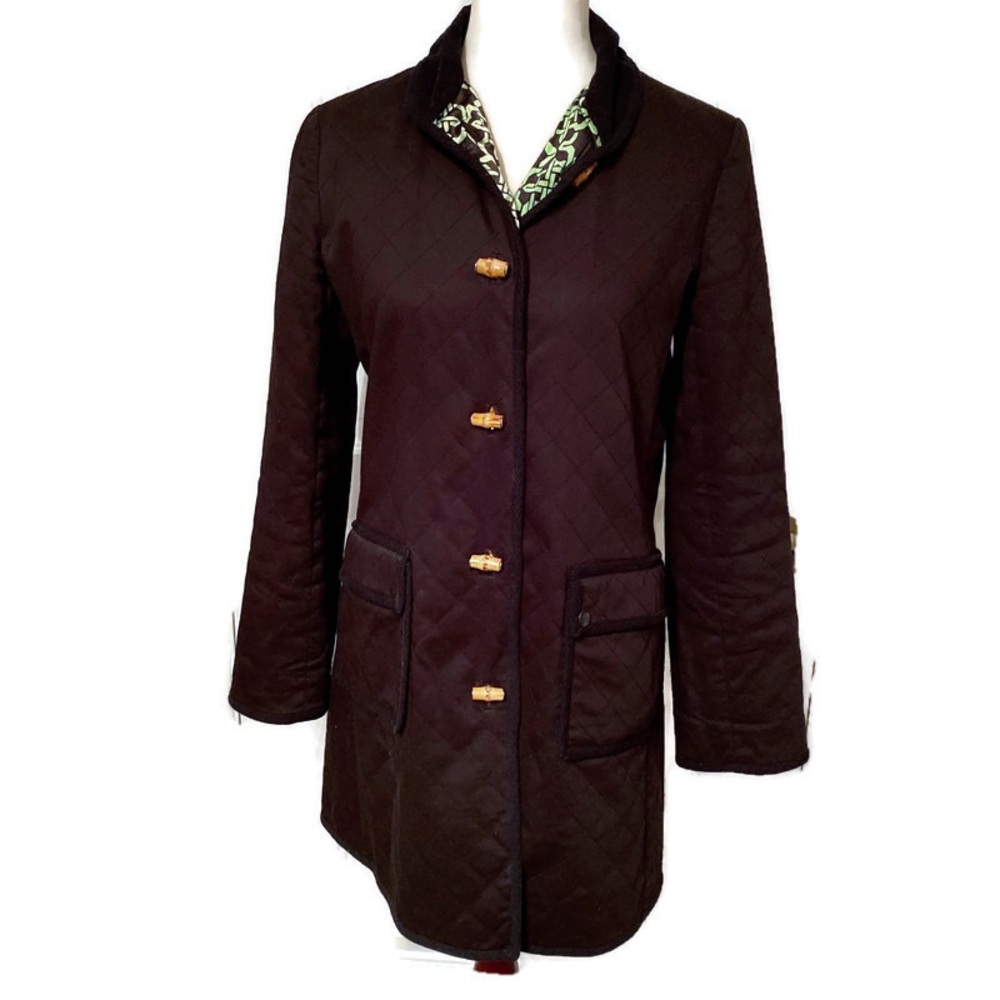 TS DIXIN COAT JACKET BLACK QUILTED GREEN PRINT LINED POCKETS Size M